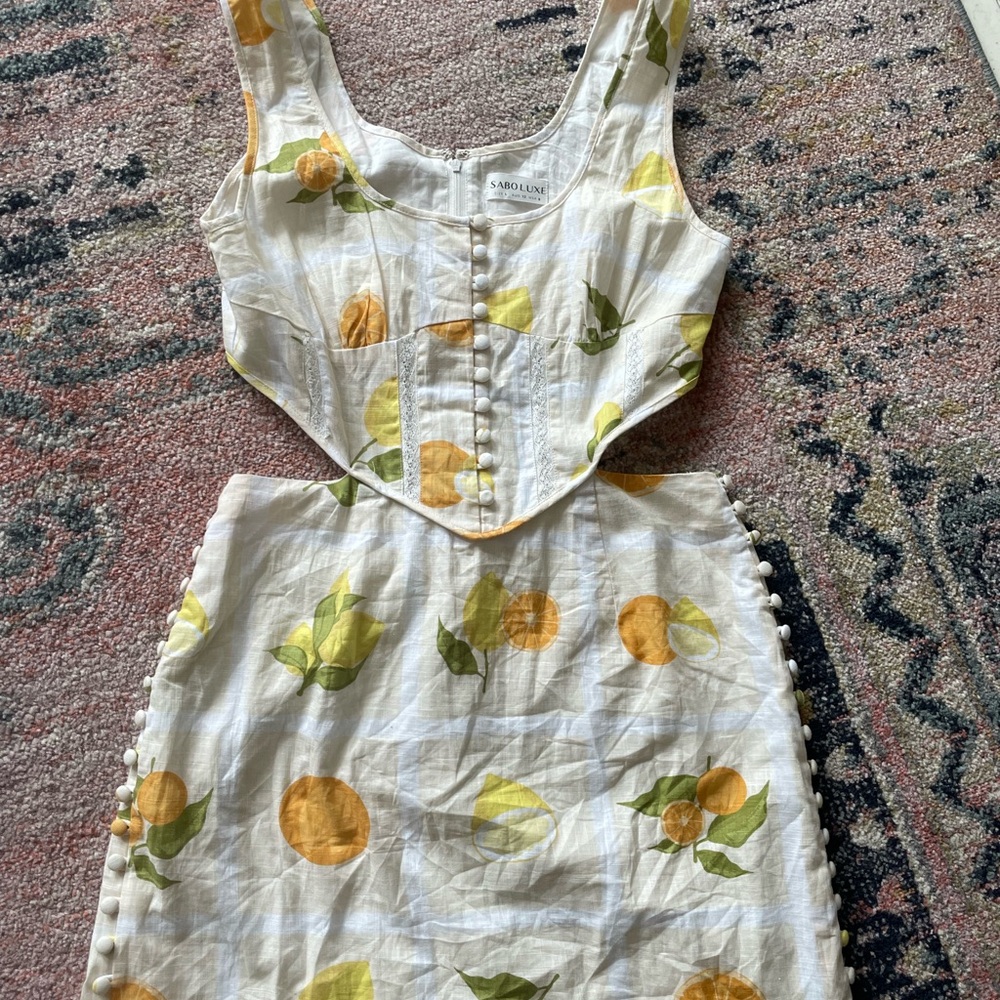 Sabo Skirt White Mini Dress with Yellow & Green Citrus Print - Picture 6 of 8